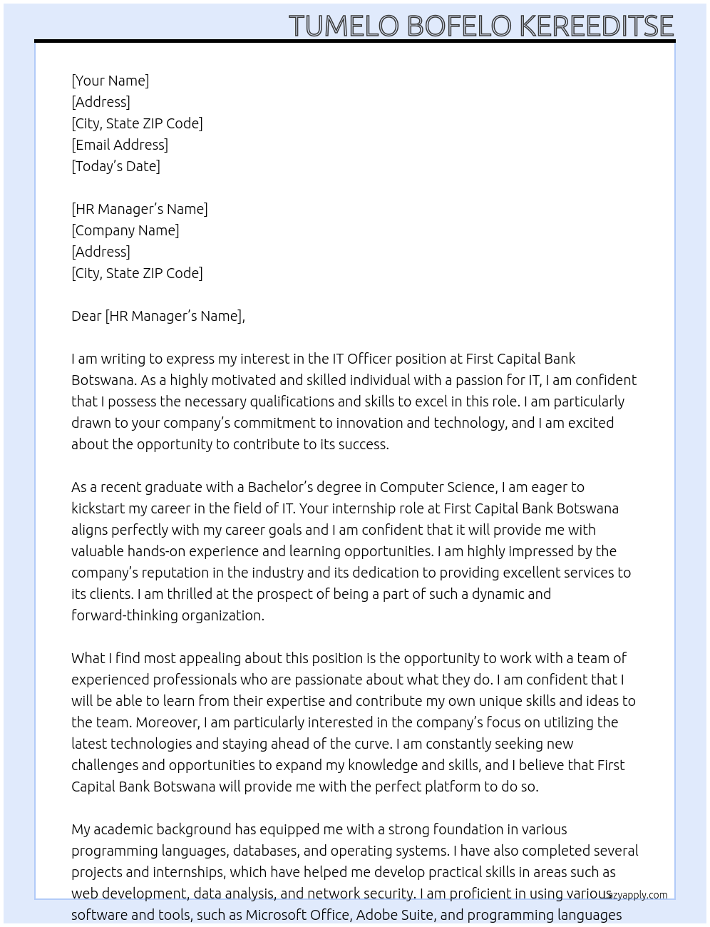 IT Officer At First capital bank botswana Cover Letter