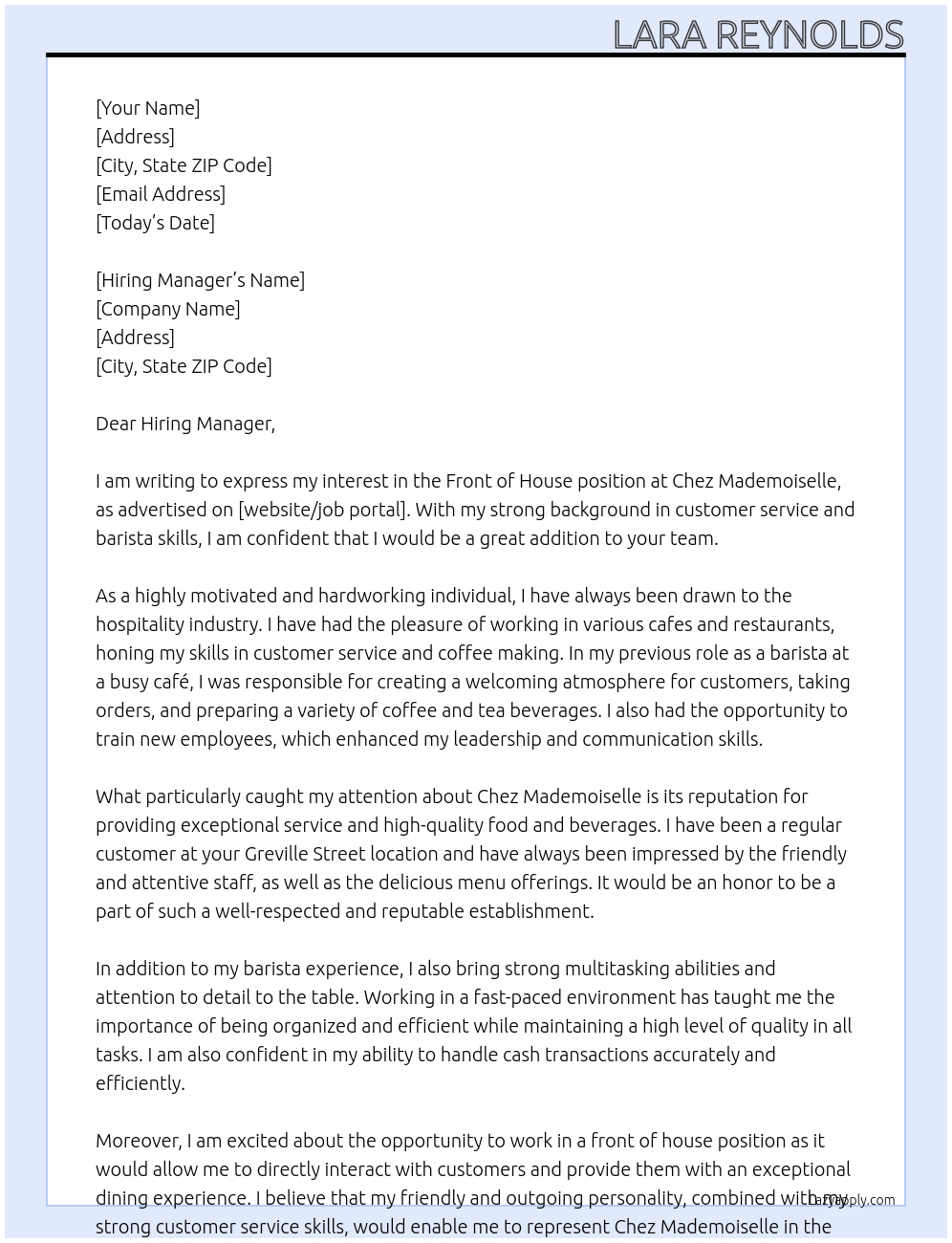 Front of house At Chez Mademoiselle Cover Letter