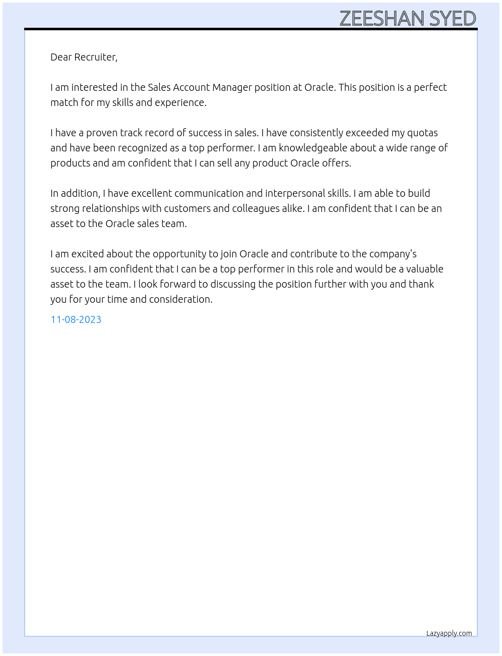 Sales Account Manager At Oracle Cover Letter