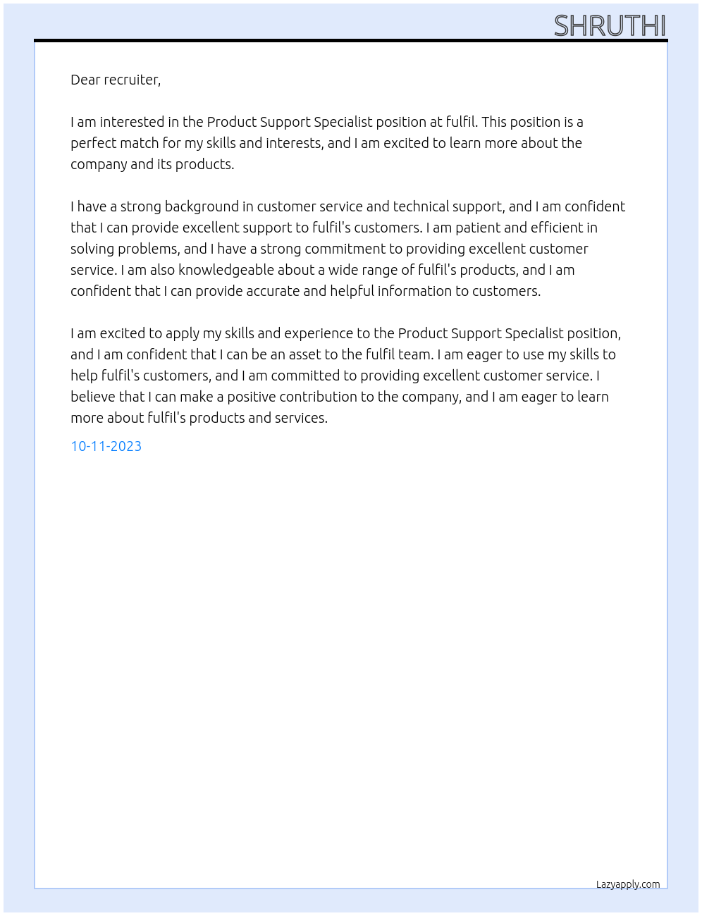 Product Support Specialist At fulfil Cover Letter