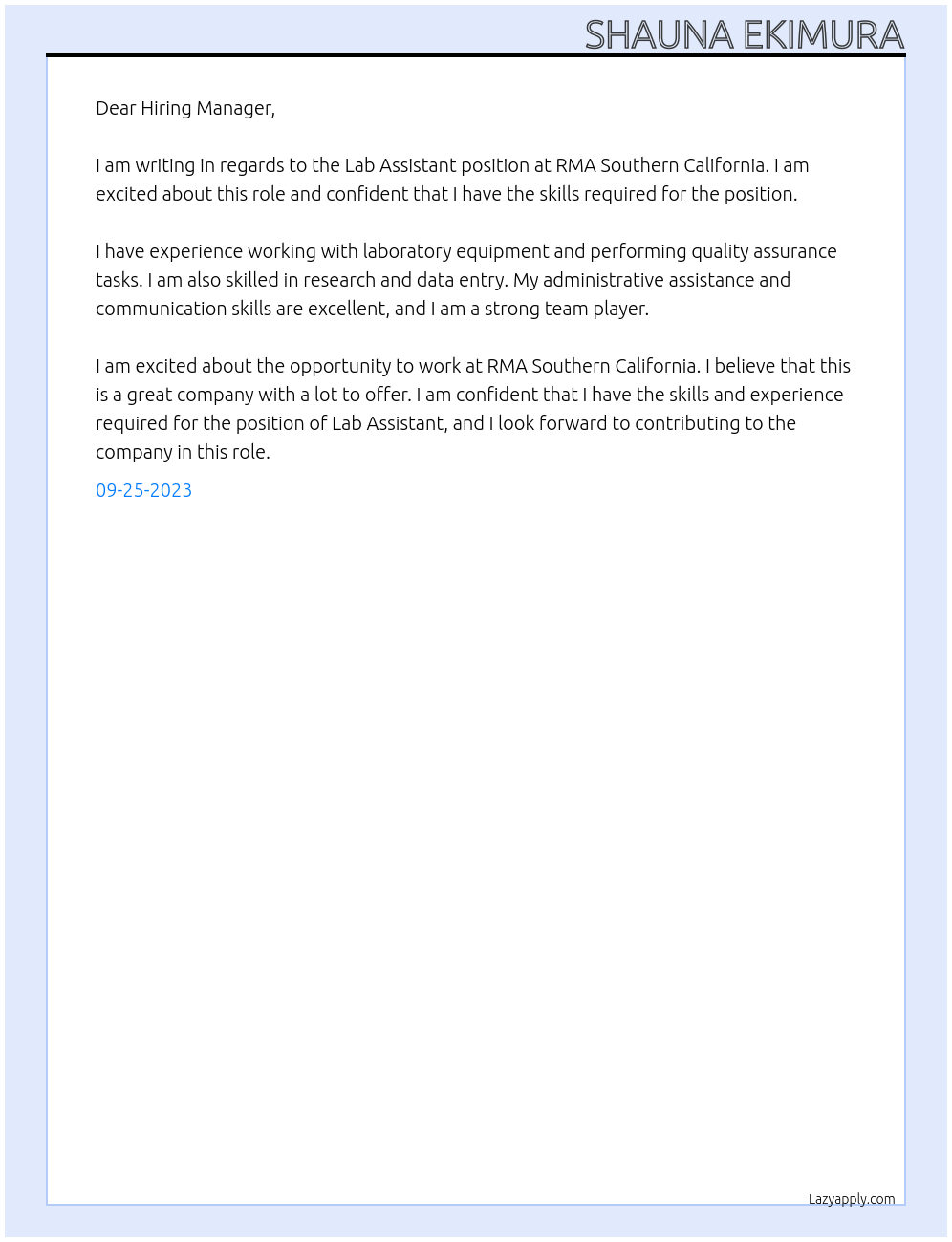 Lab Assistant At RMA Southern California Cover Letter