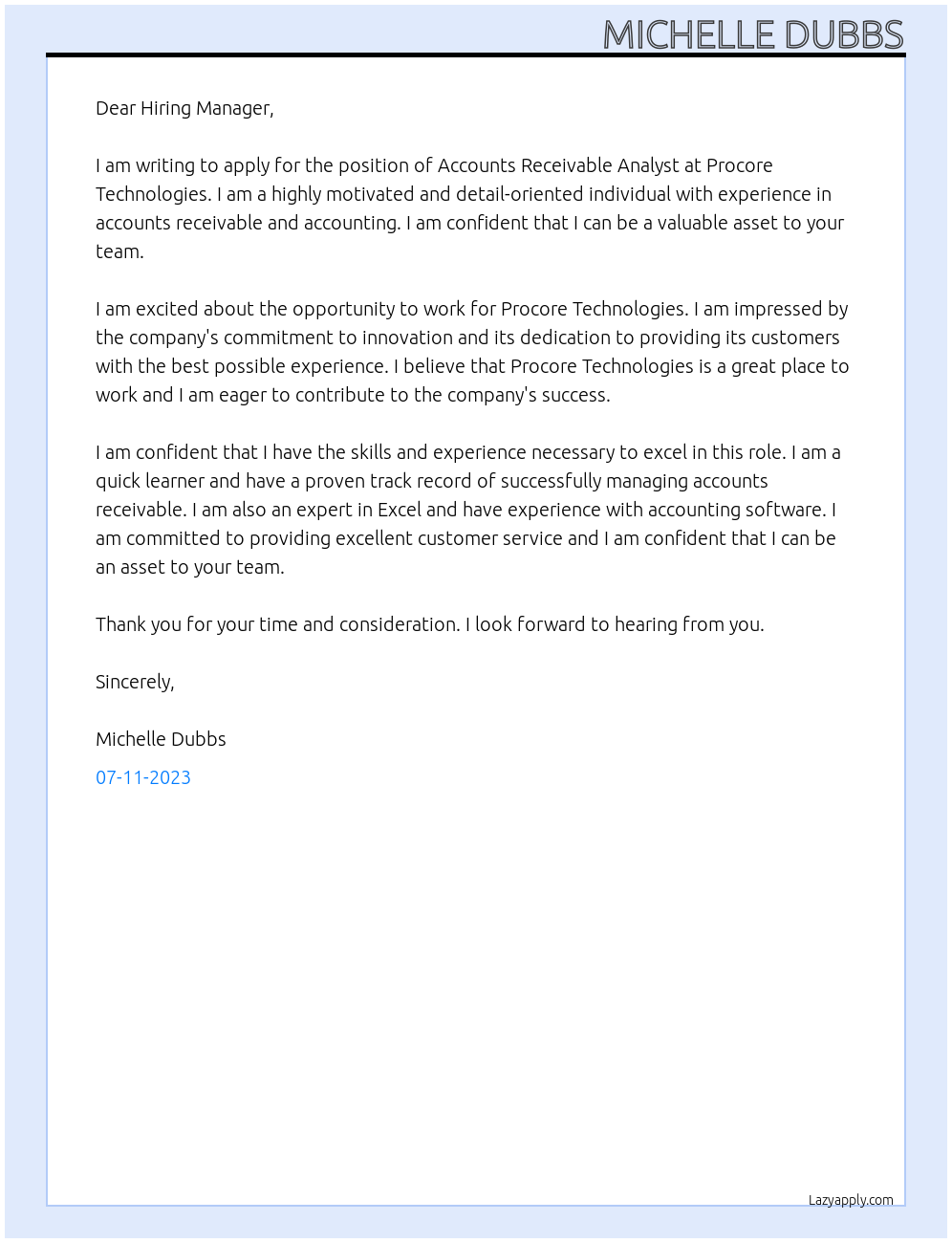 Accounts Receivable Analyst At Procore Technologies  Cover Letter