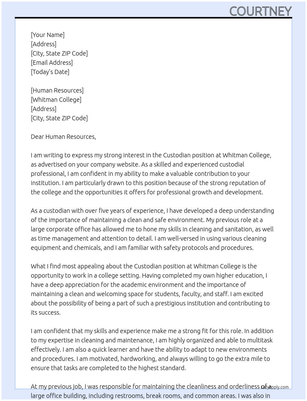 Custodian At Whitman College Cover Letter