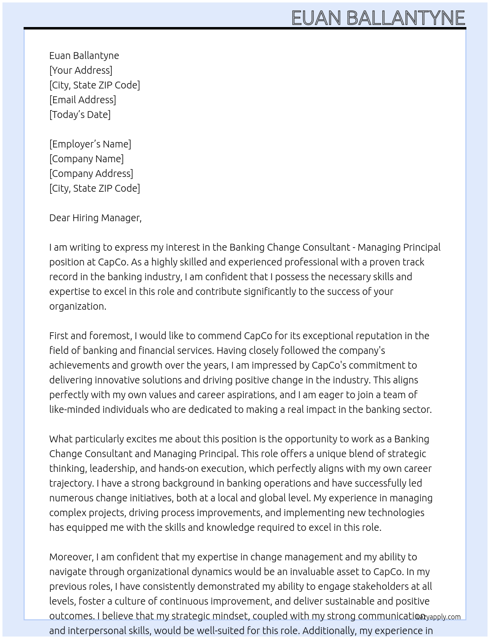 Banking change consultant - managing principal At CapCo Cover Letter