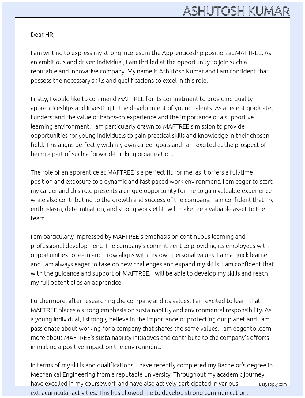 Apprenticeship At MAFTREE Cover Letter