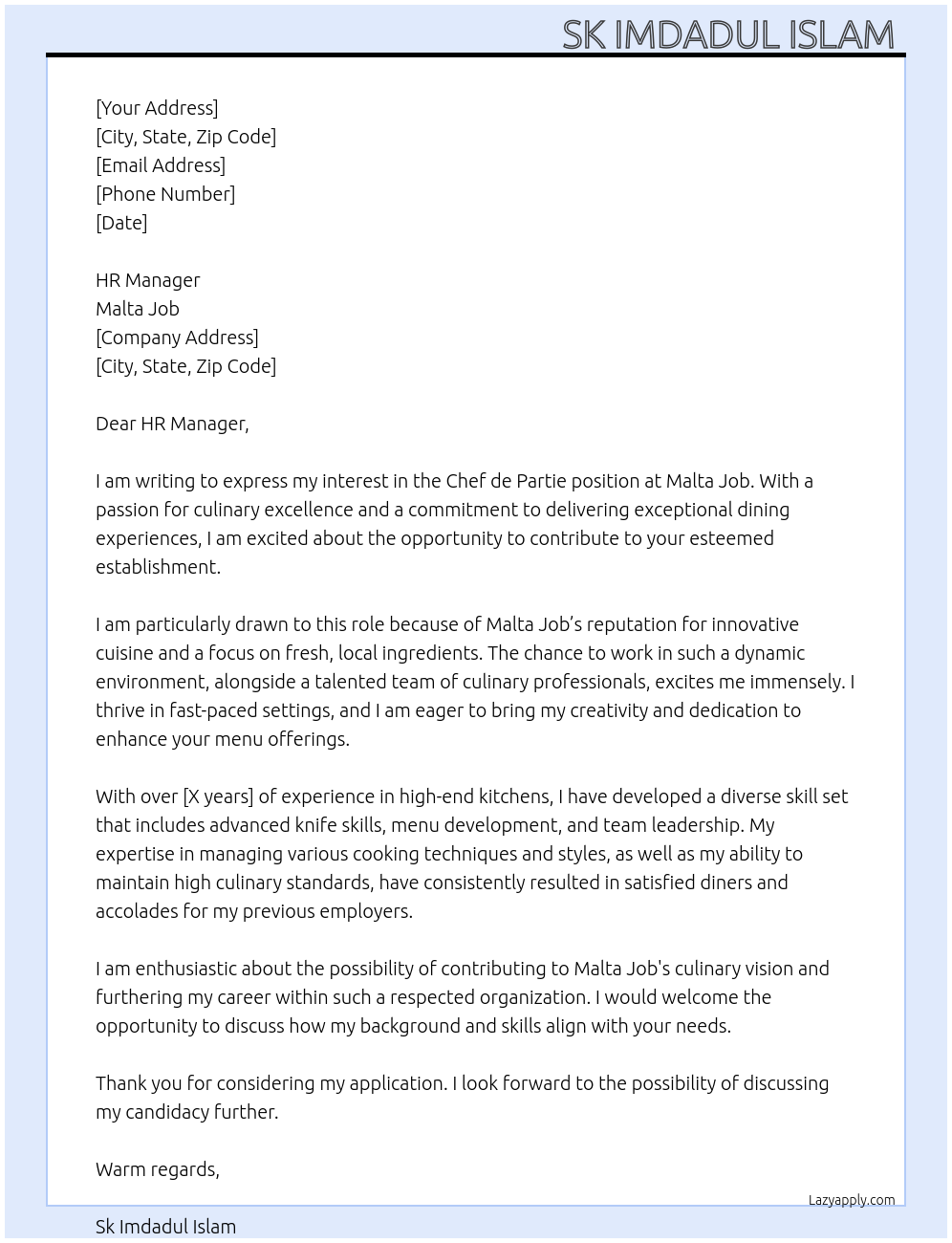 Cover letter for chef de partie - LazyApply