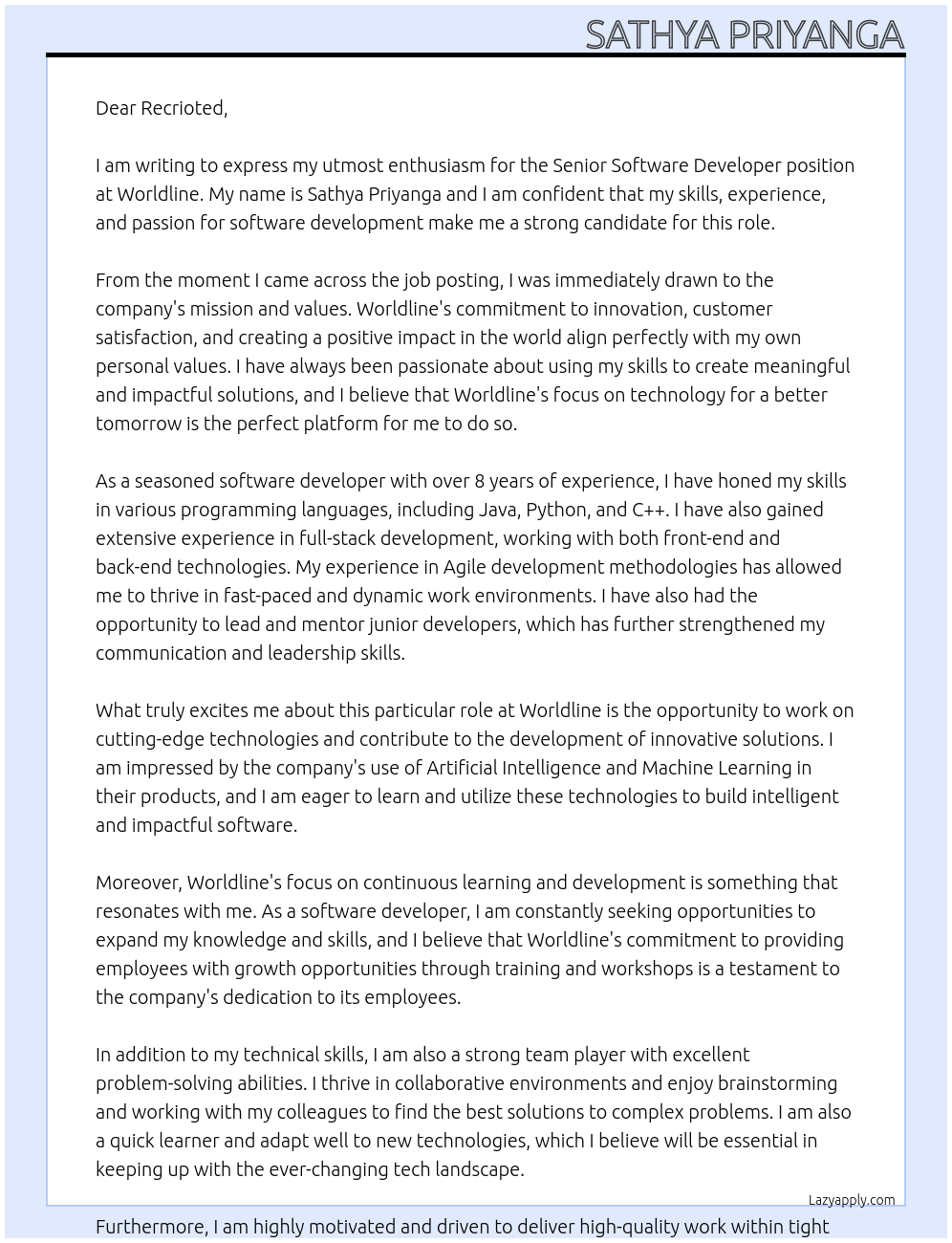 Senior Software Developer At worldline Cover Letter