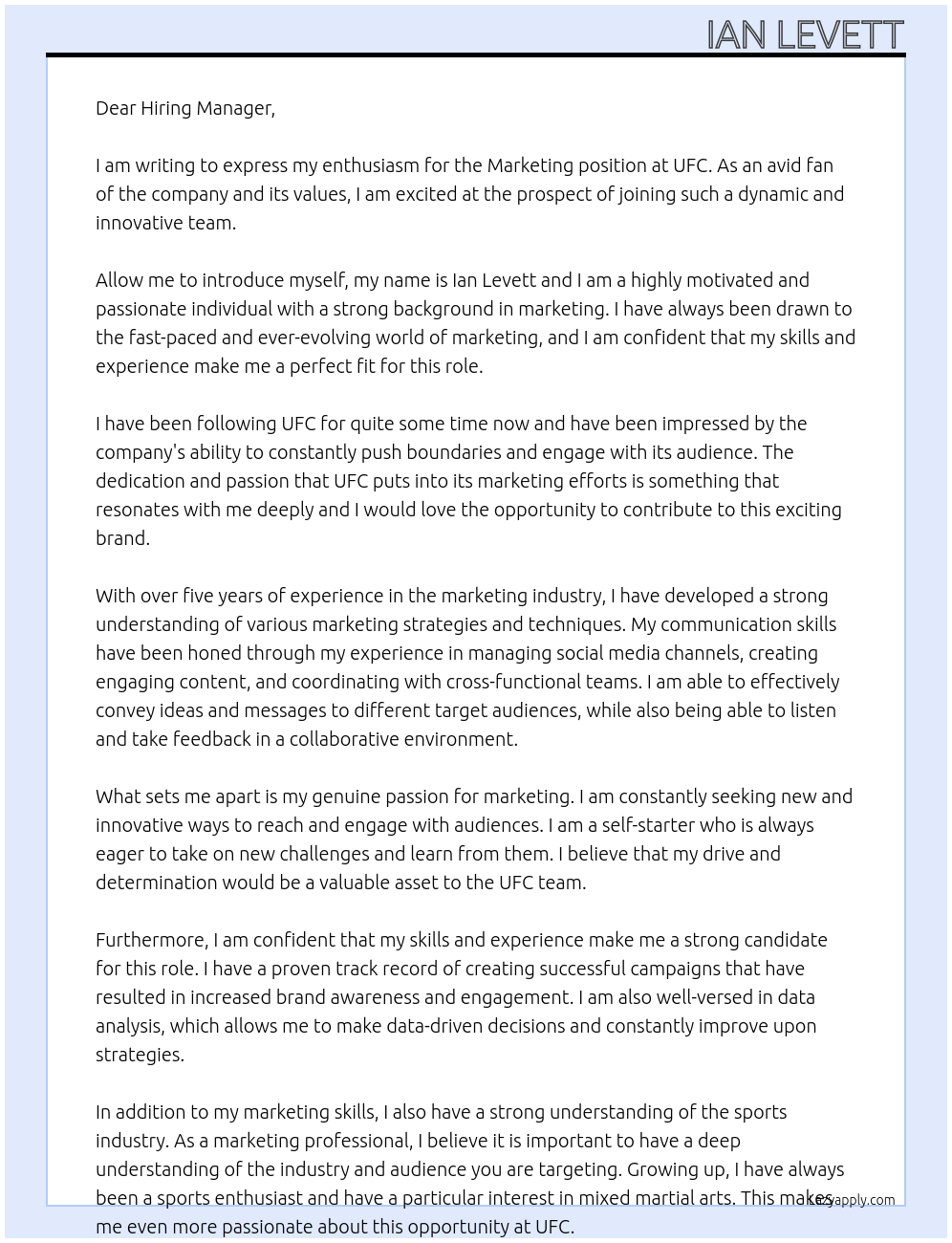 Marketing  At UFC Cover Letter