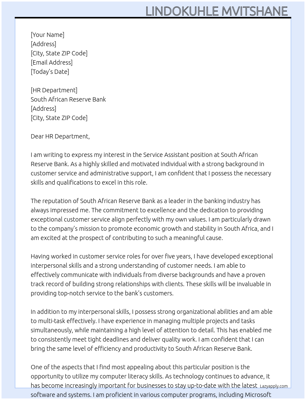 Service Assistant At South African Reserved Bank Cover Letter