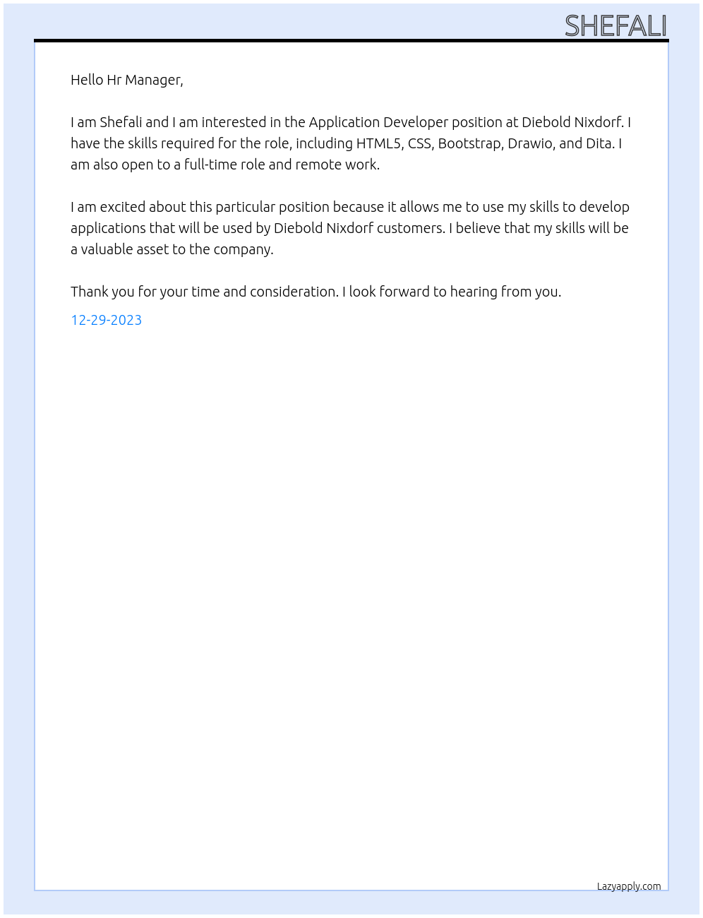 Application Developer At Diebold Nixdorf Cover Letter