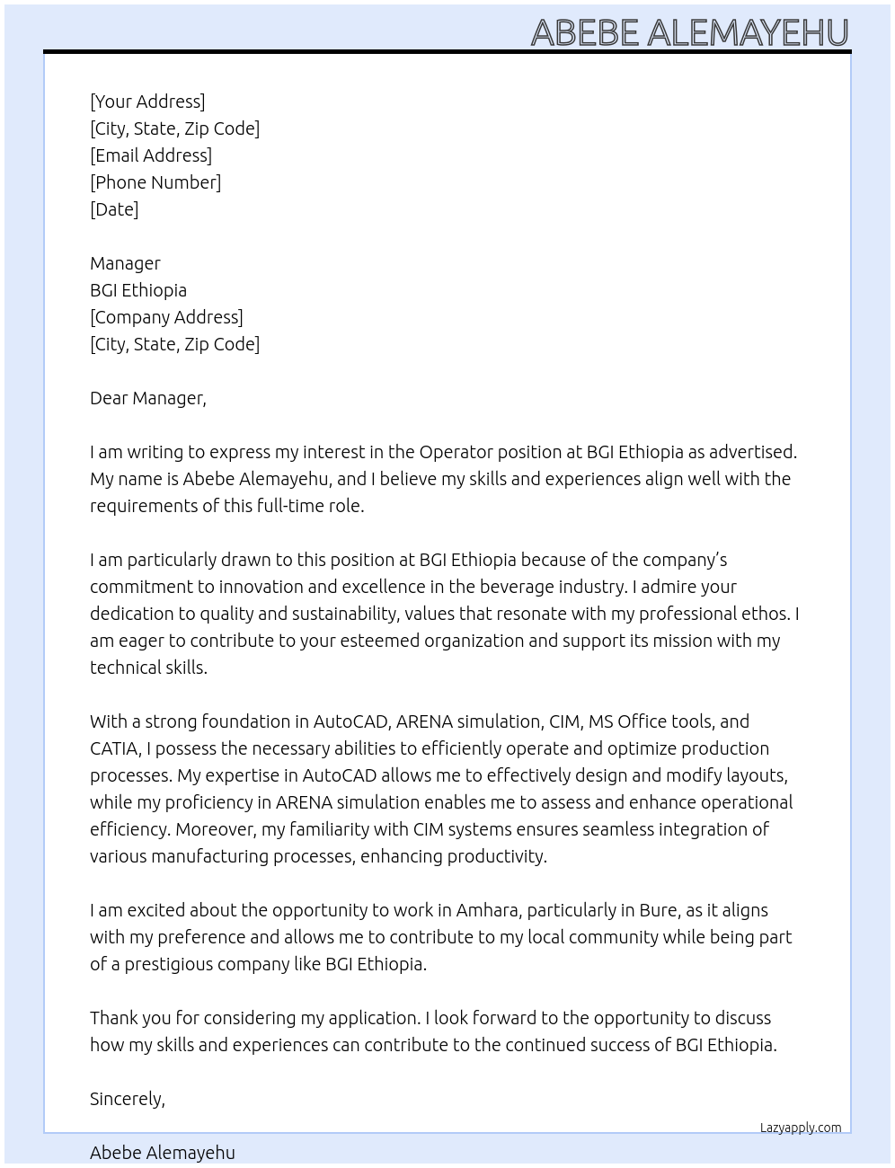 Operator At BGI Ethiopia Cover Letter