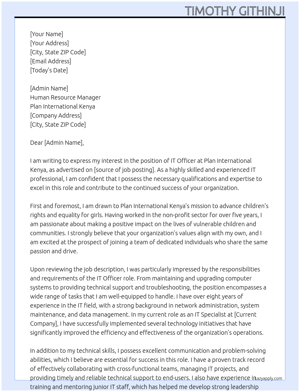 IT Officer At PLAN INTERNATIONAL KENYA Cover Letter