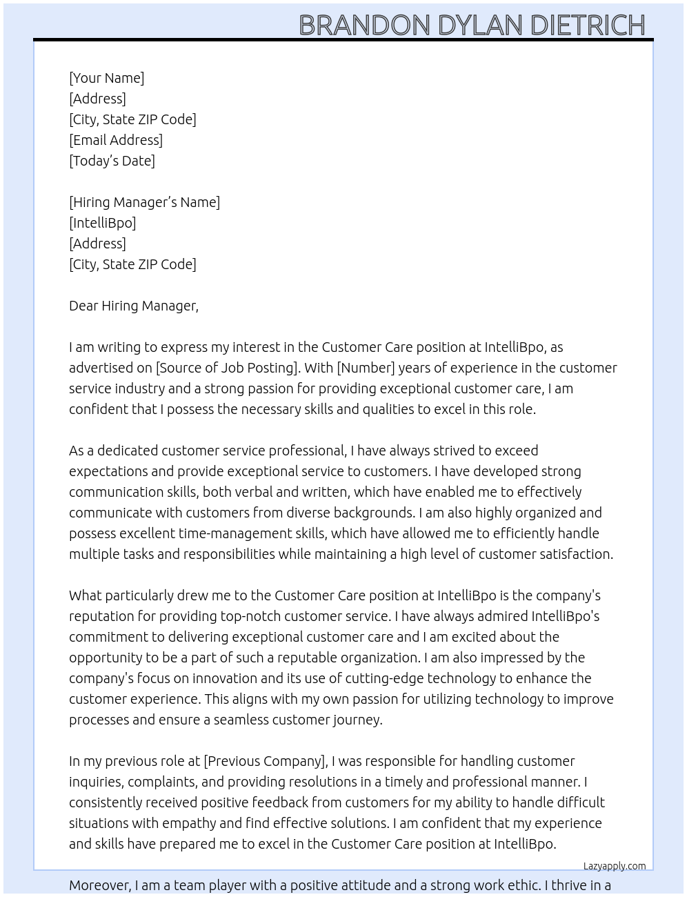 Customer Care At IntelliBpo Cover Letter