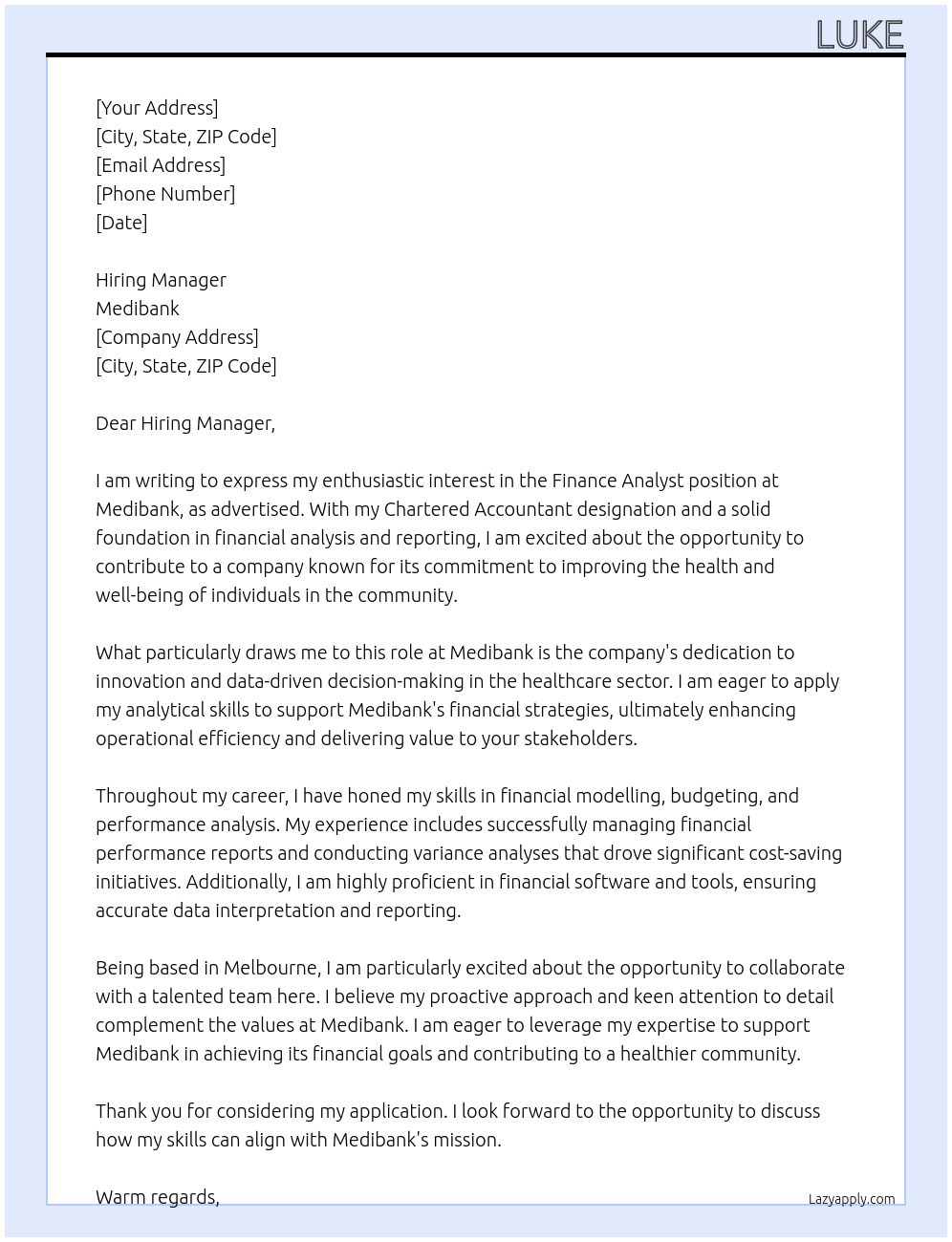 Cover letter for Finance analyst - LazyApply