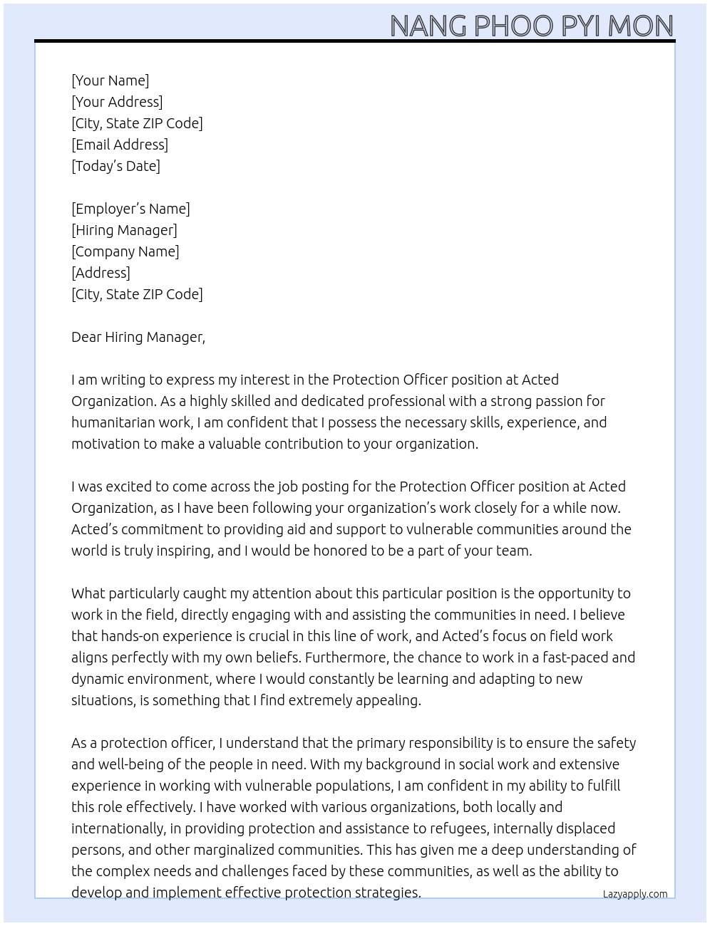 Protection officer At Acted Organization Cover Letter