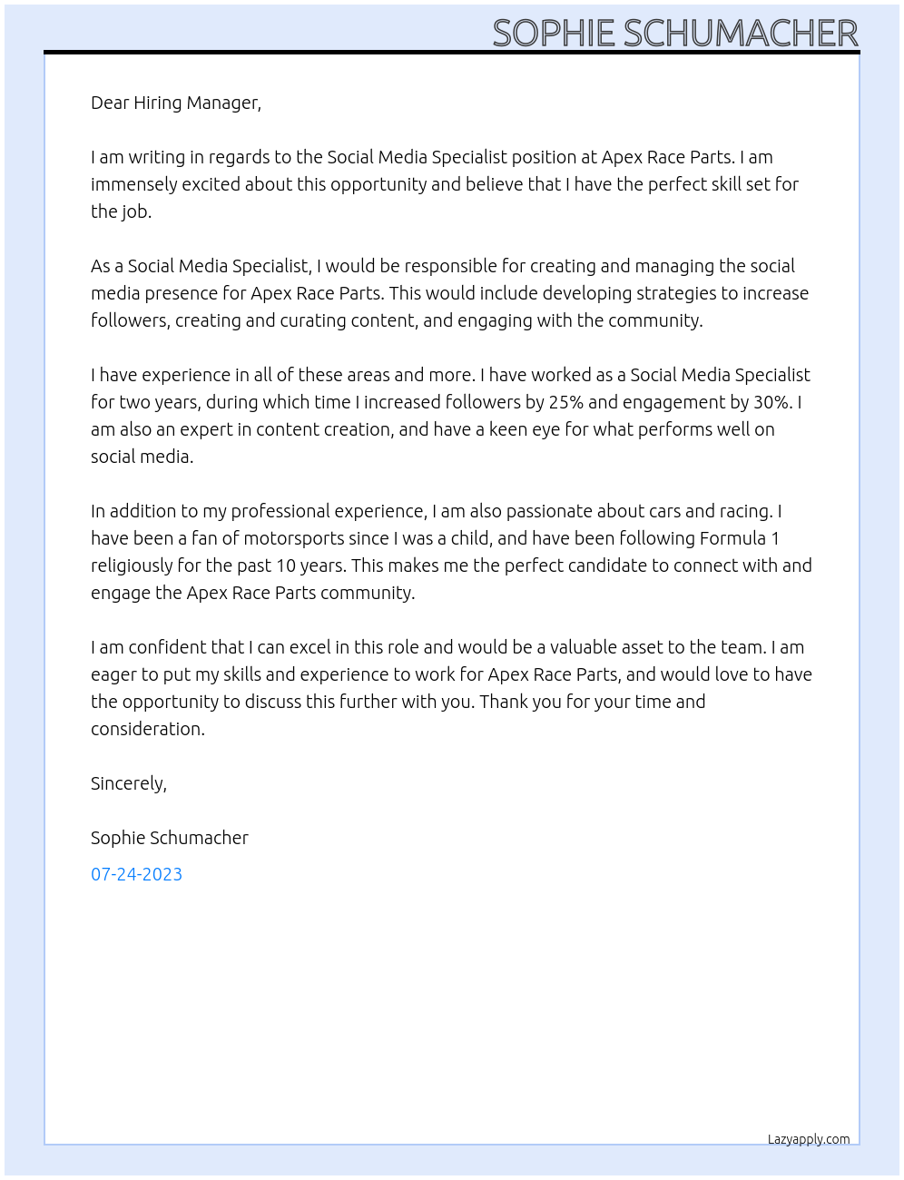 Social Media Specialist At Apex Race Parts Cover Letter