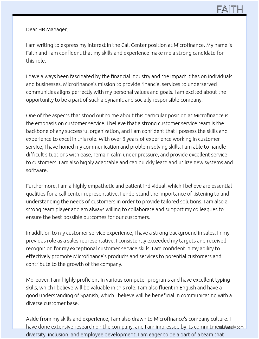 Call center At Microfinance Cover Letter