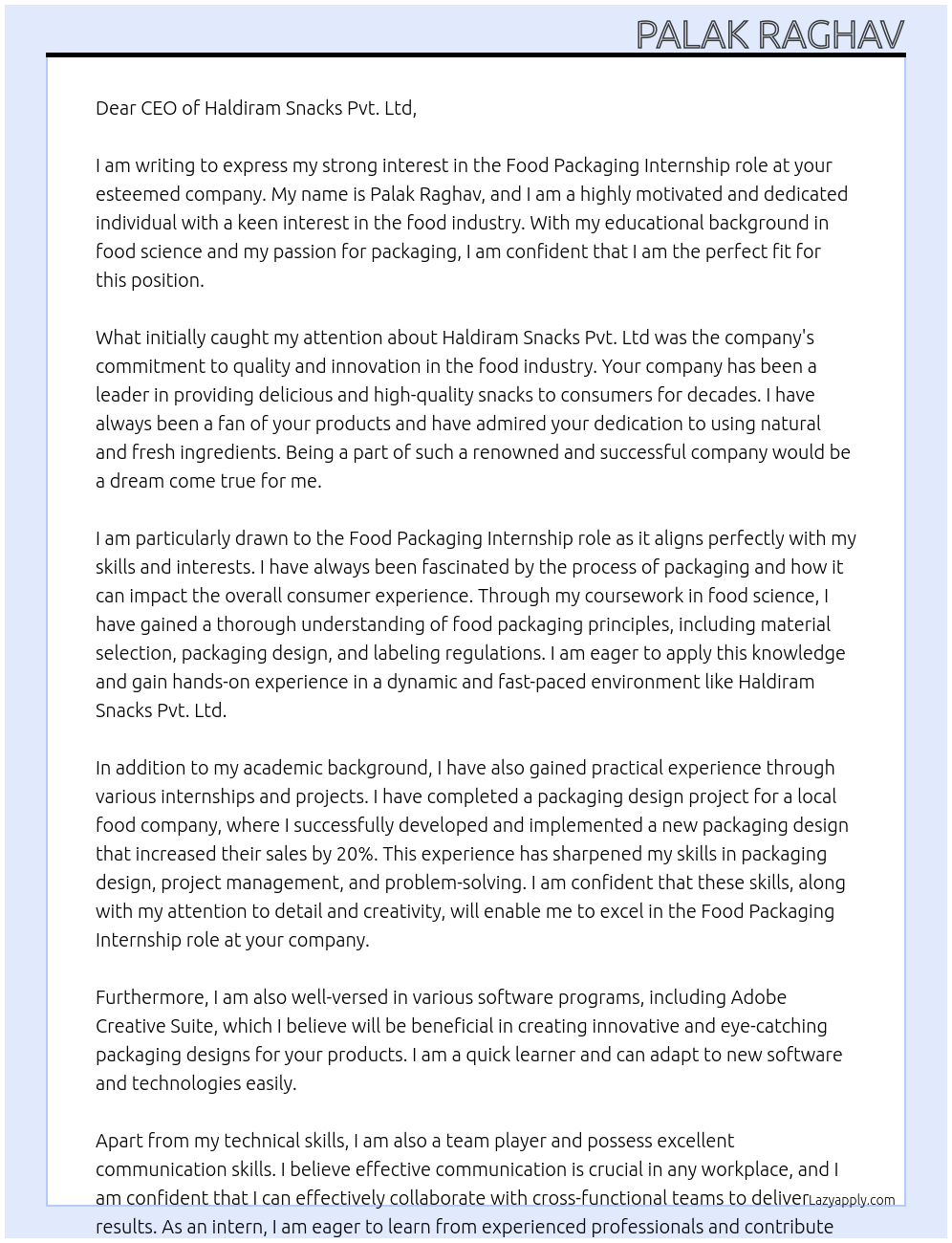 Food packaging At Haldiram snacks Pvt. Ltd Cover Letter