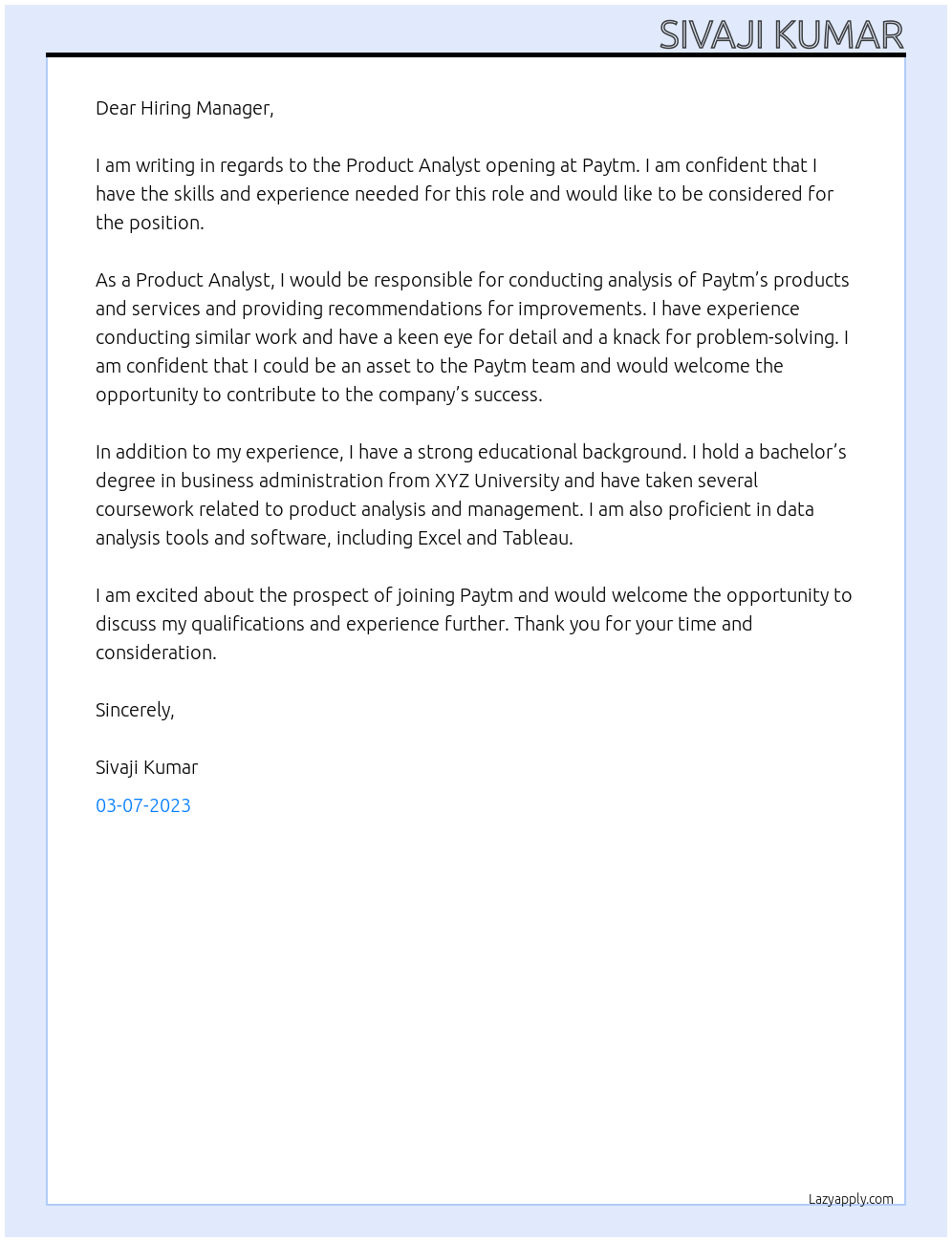 Product Analyst At paytm Cover Letter