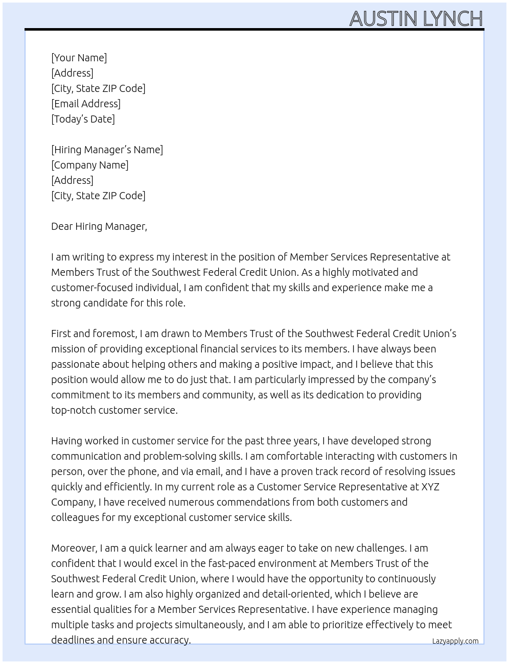 Member Services Representative At Members Trust of the Southwest Federal Credit Union Cover Letter