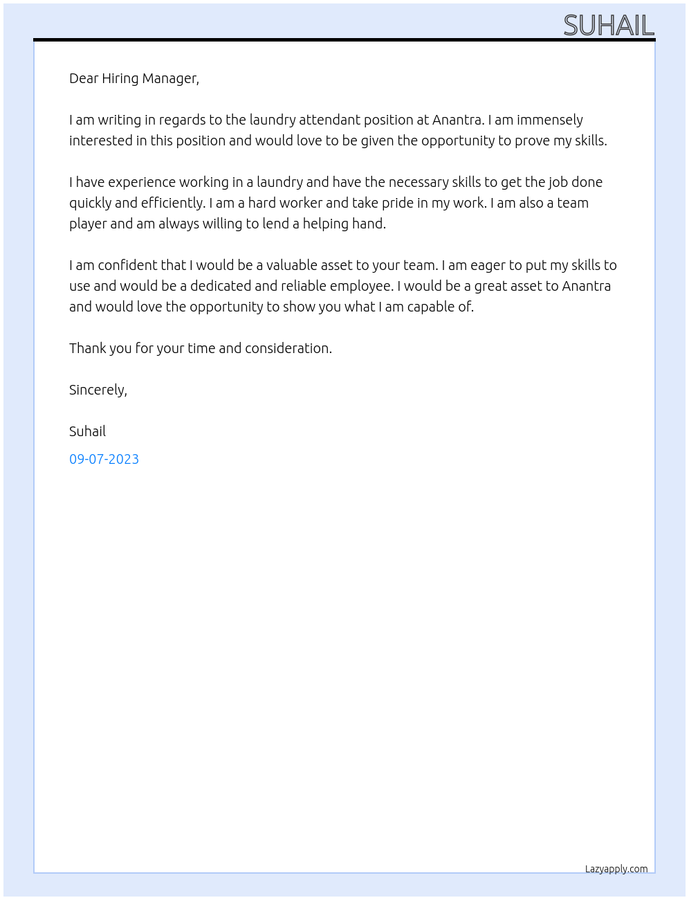 Laundry attendant At Anantra Cover Letter