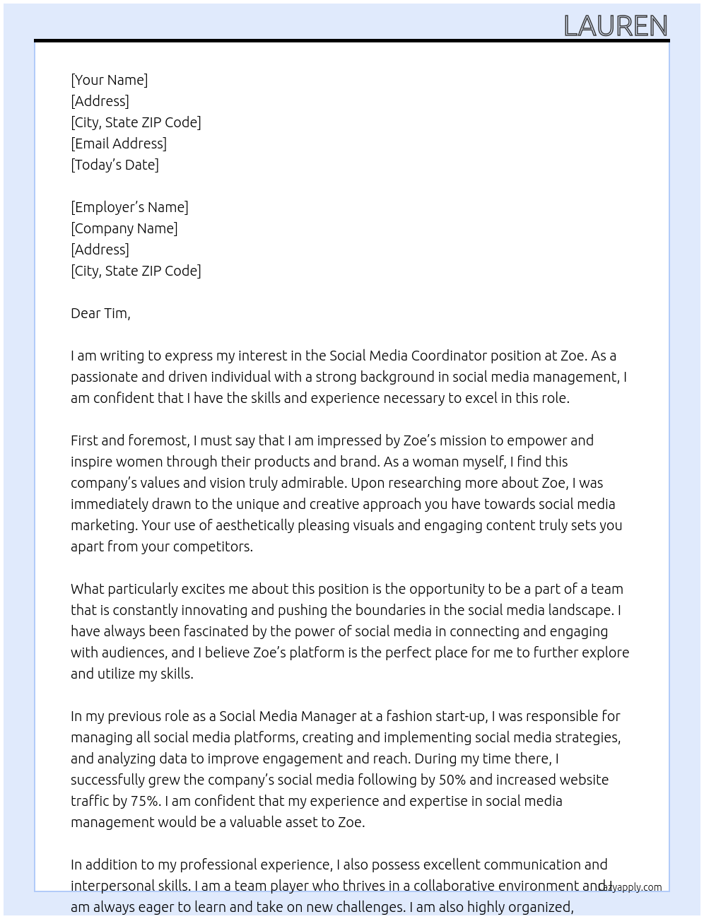 social media coordinator At zoe Cover Letter