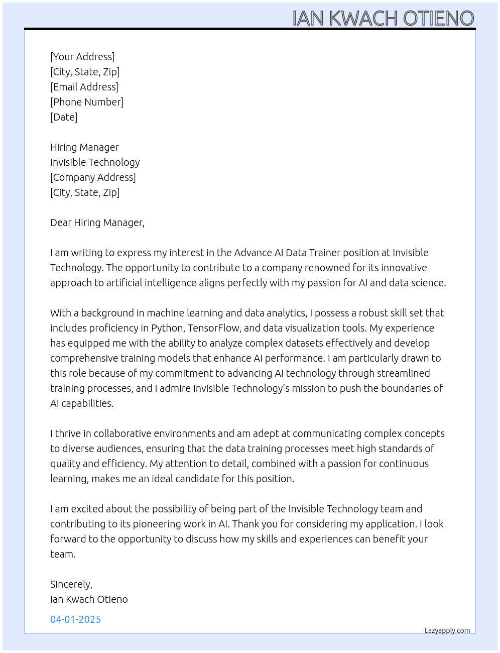 Cover letter for advance ai data trainer - LazyApply