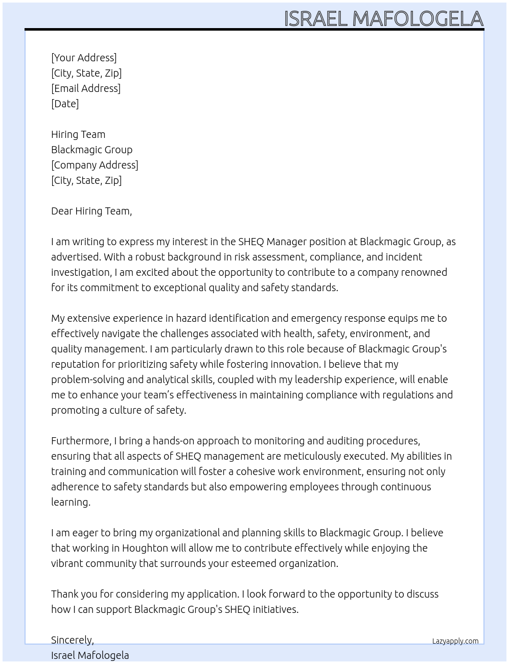 SHEQ Manager At Blackmagic Group Cover Letter