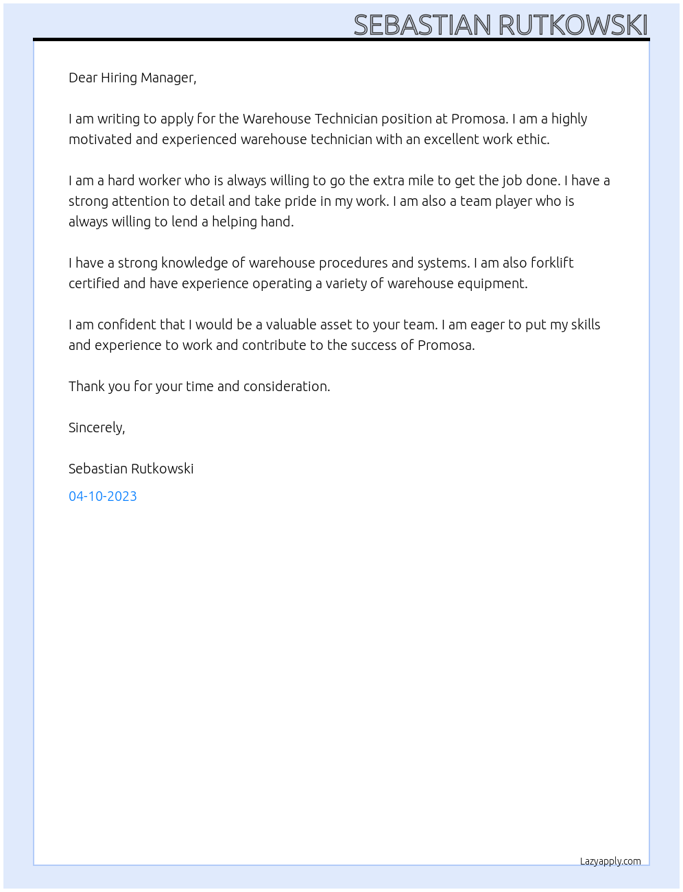 Cover letter for warehouse technician - LazyApply