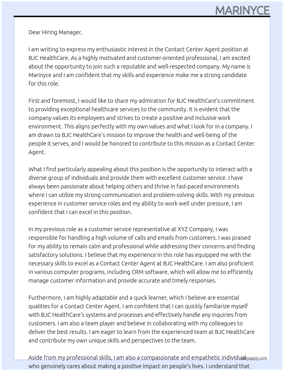 Contact center agent  At BJC HealthCare Cover Letter