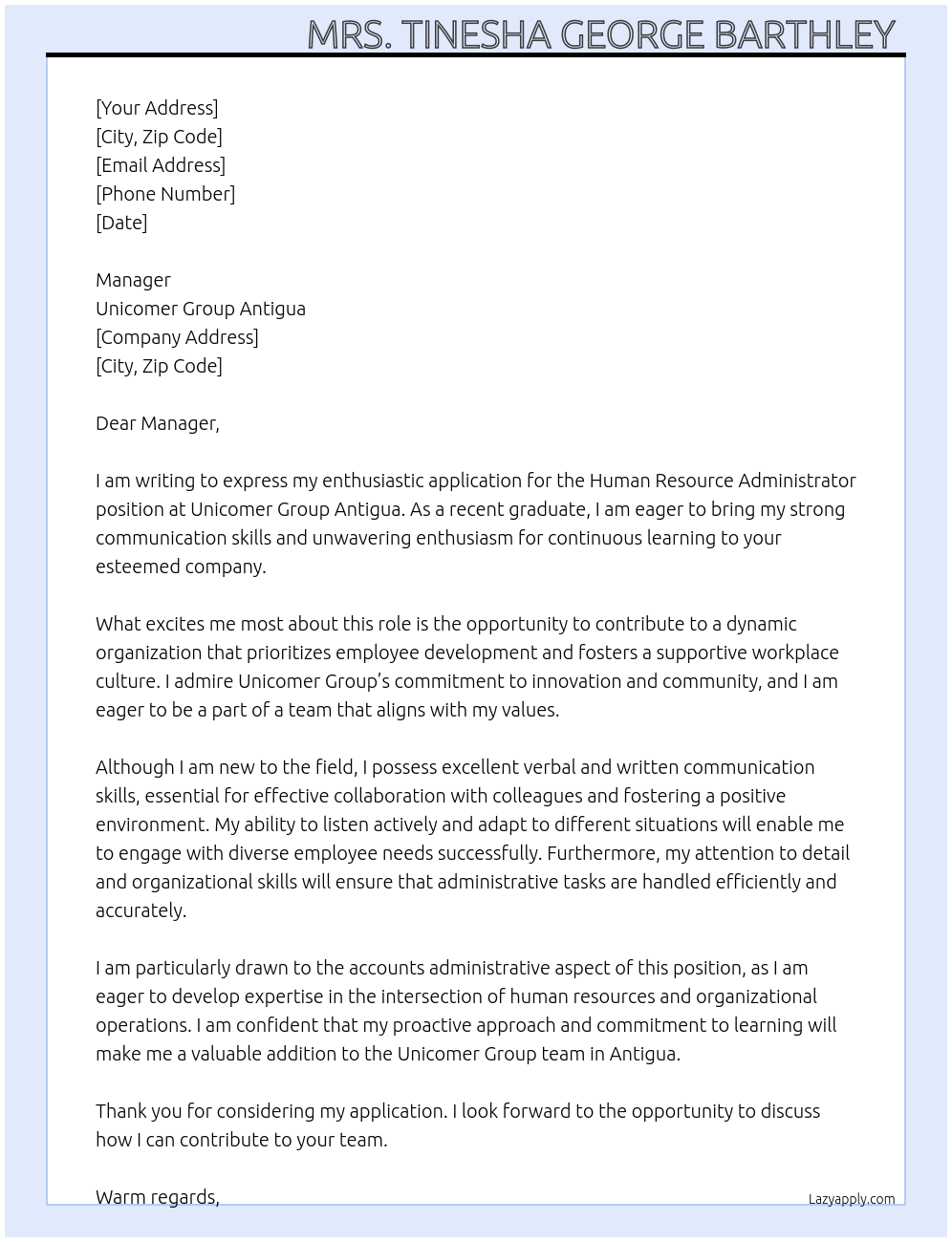 Cover letter for human resource administrator - LazyApply