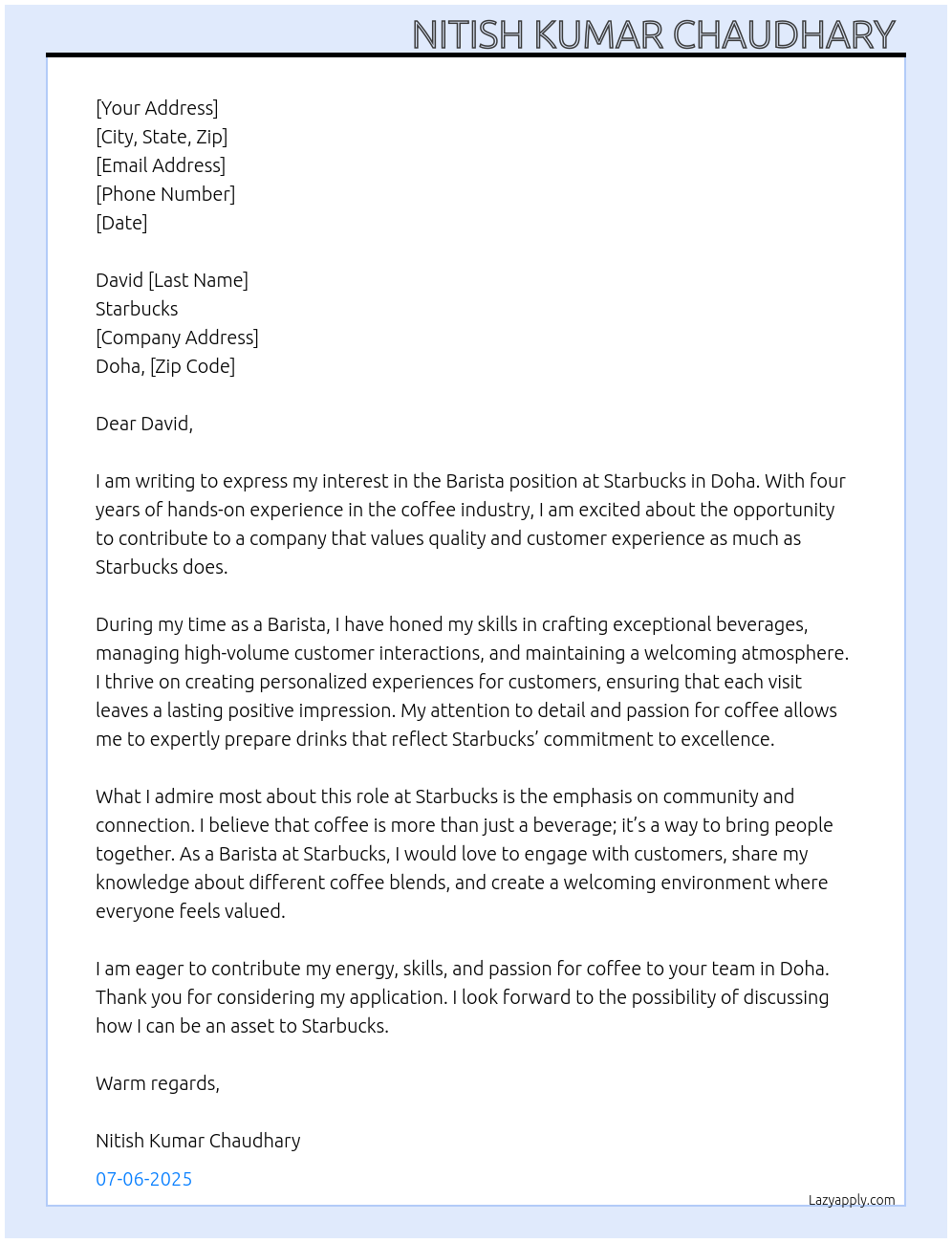 Barista At Starbucks Cover Letter