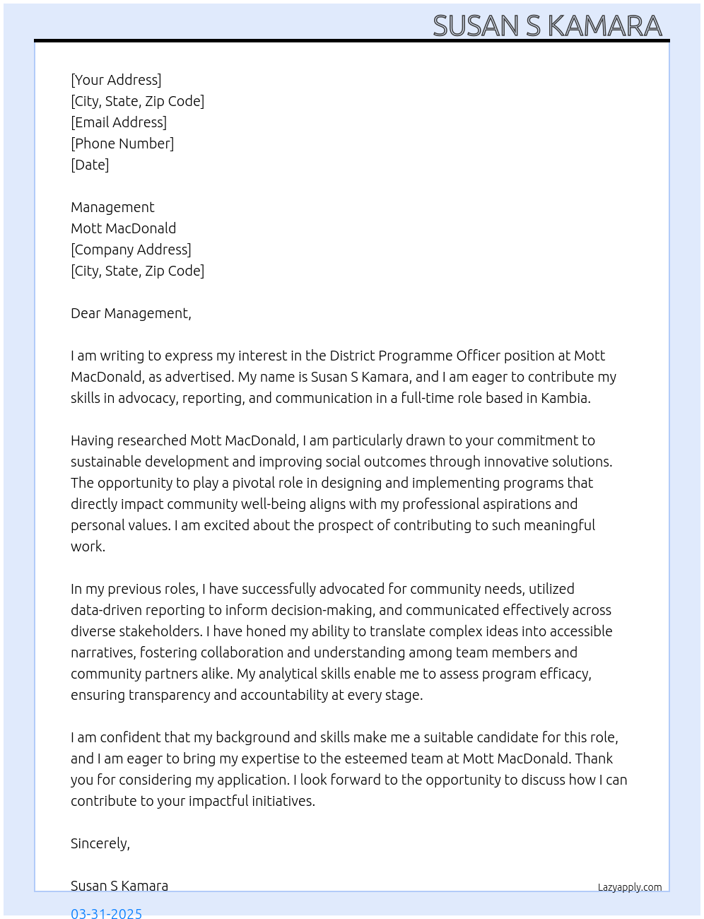 District Programme Officer At Mott MacDonald Cover Letter