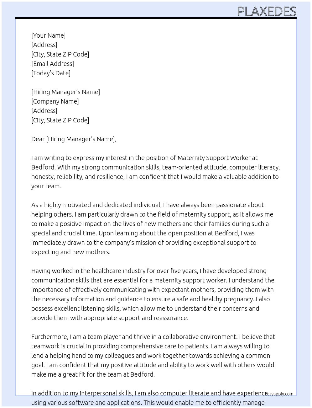 Maternity Support Worker At Bedford Cover Letter