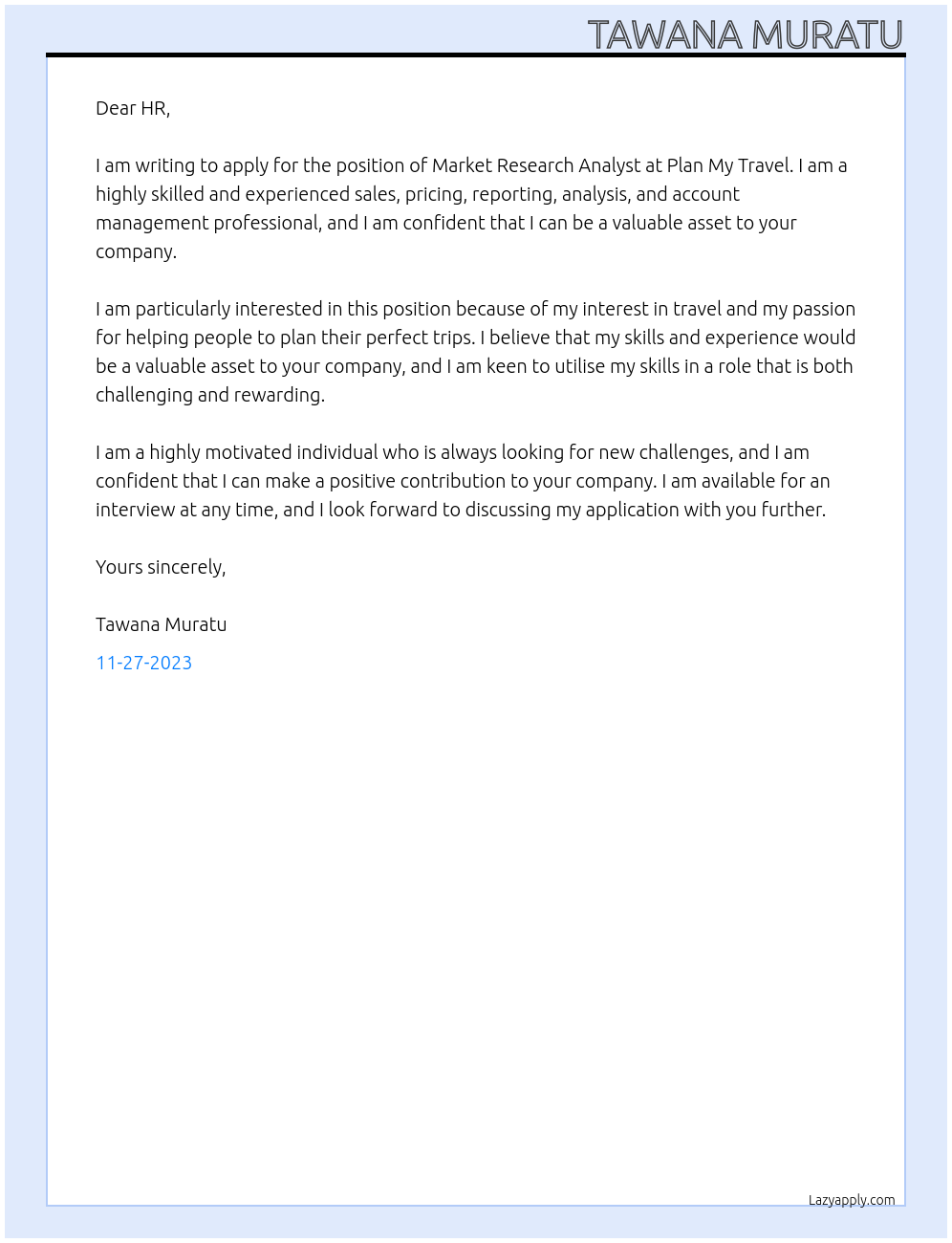 Market Research Analyst At Plan My Travel Cover Letter