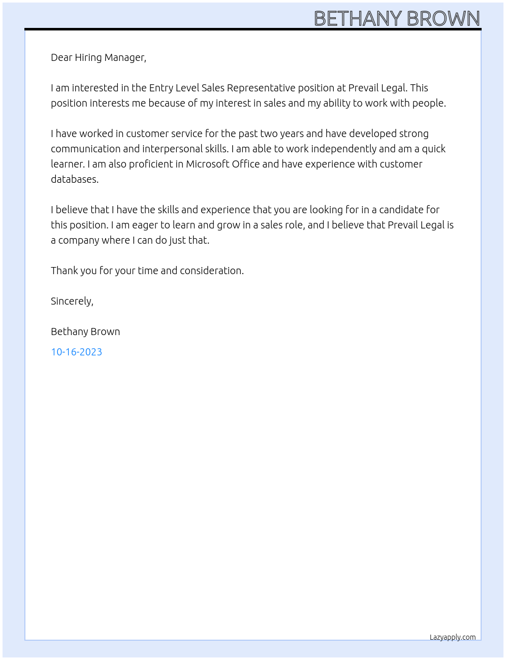 Entry Level Sales Representative At Prevail Legal Cover Letter