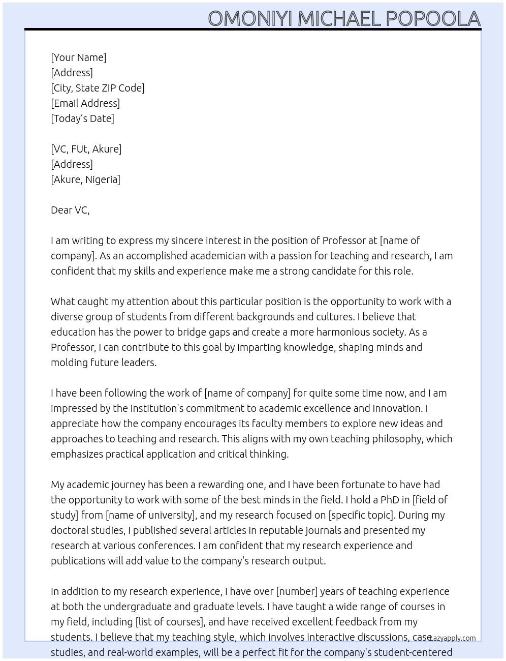 professor At professor Cover Letter