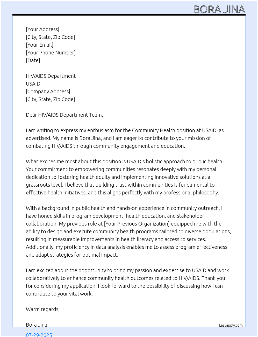 Community health At USAID Cover Letter