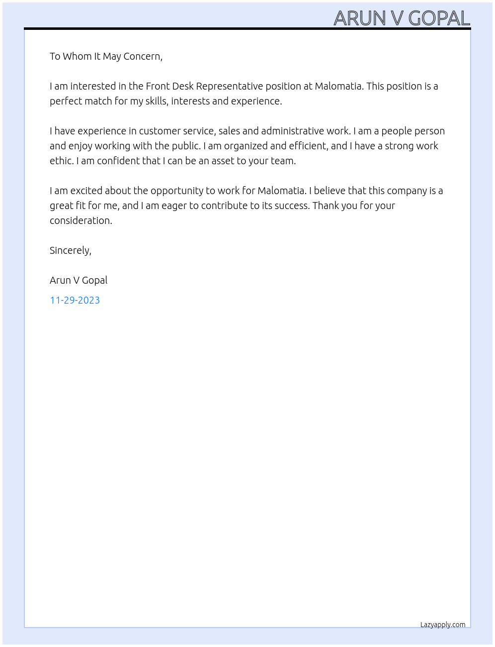 Front Desk Representative At Malomatia Cover Letter
