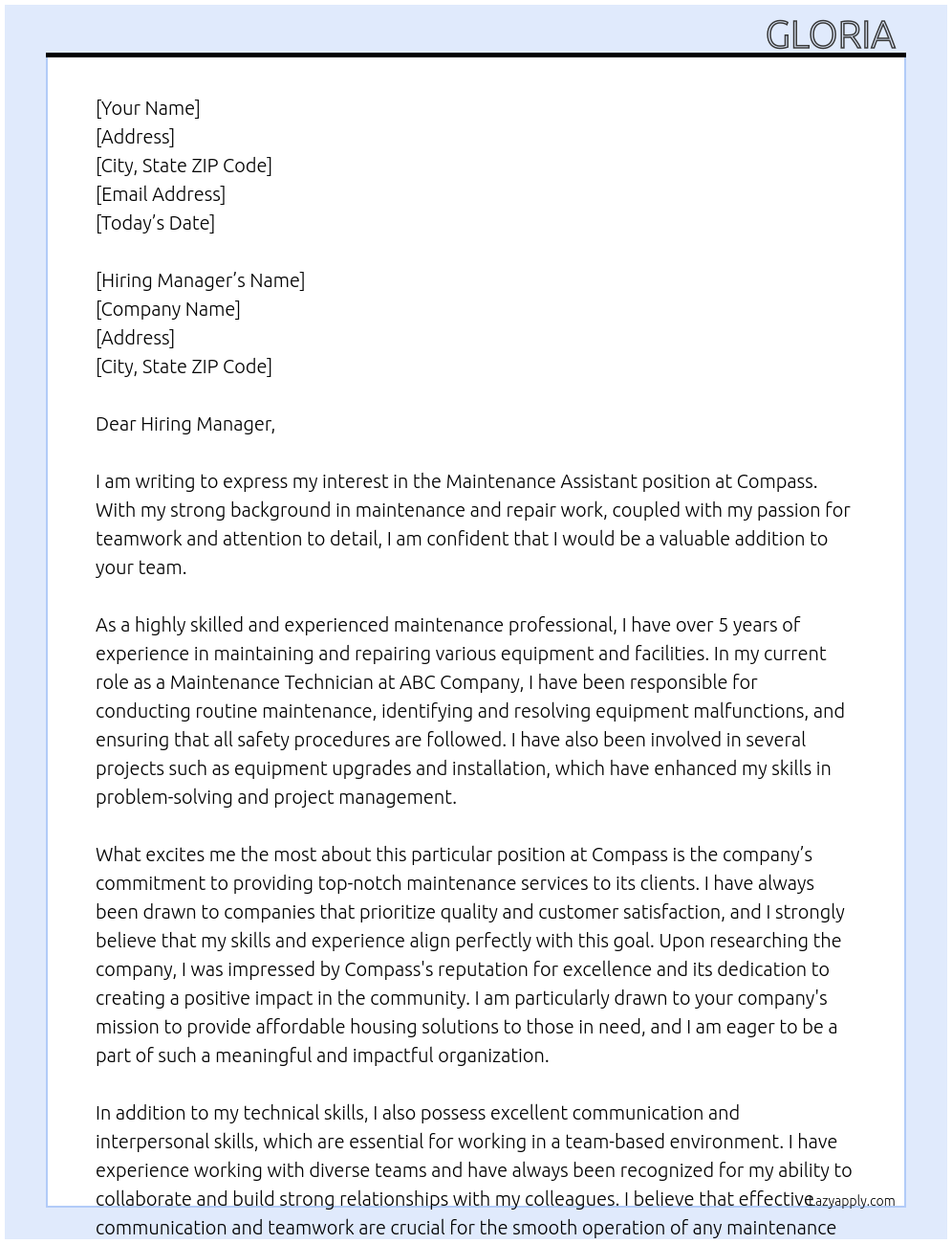 Maintenance assistant At Compass Cover Letter