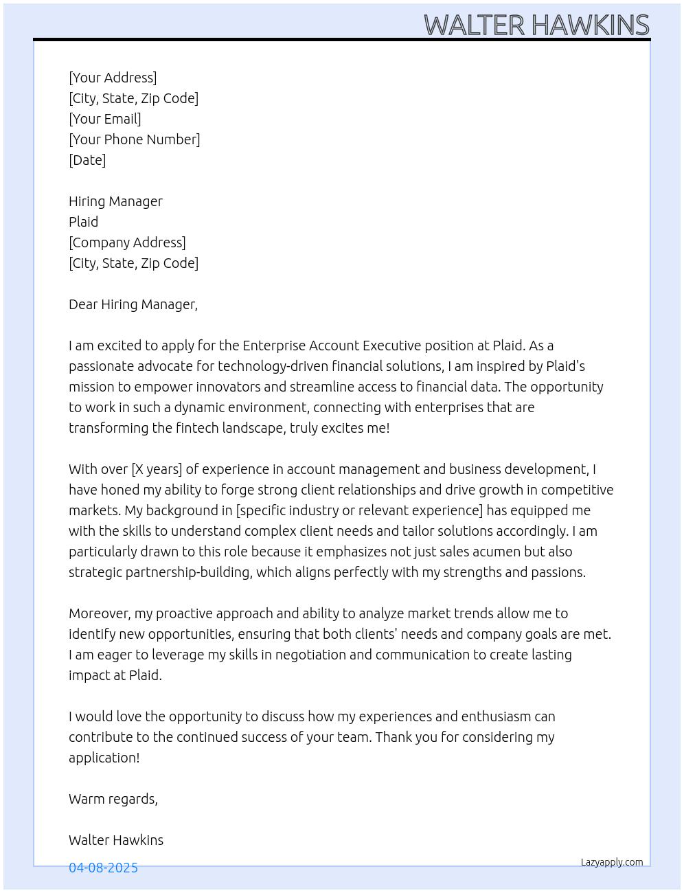 Enterprise Account Executive At Plaid Cover Letter