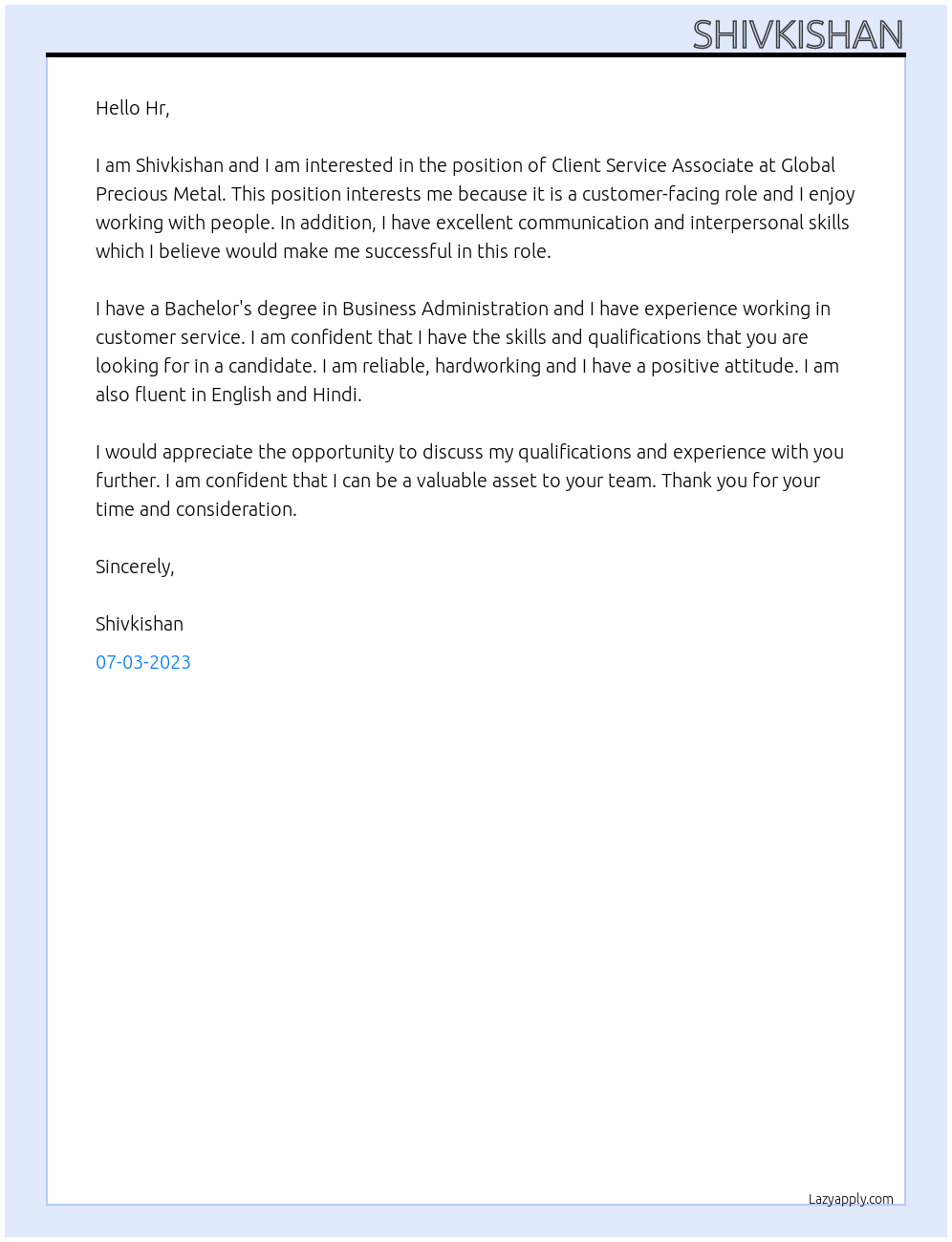 client service associate At Global precious metal Cover Letter