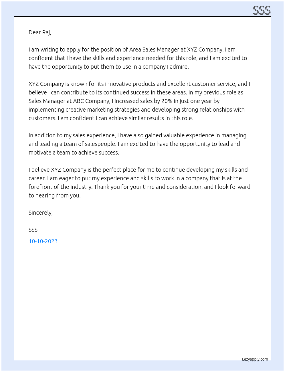 area sales manager At x Cover Letter