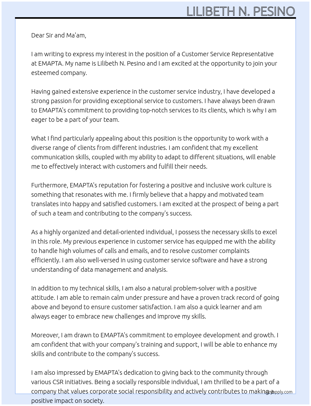 Costumer Service Representative At EMAPTA Cover Letter