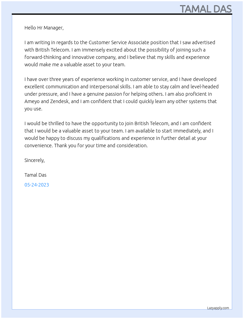 CSA At British Telecom Cover Letter