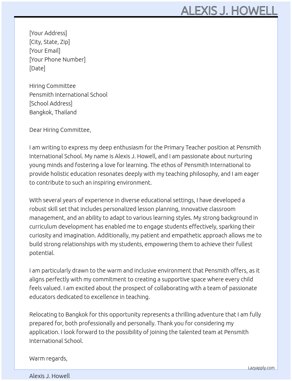 Cover letter for primary teacher - LazyApply