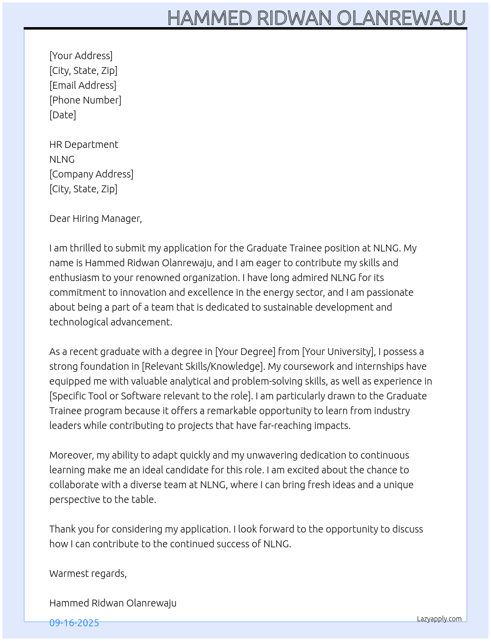 GRADUATE TRAINEE At nlng Cover Letter