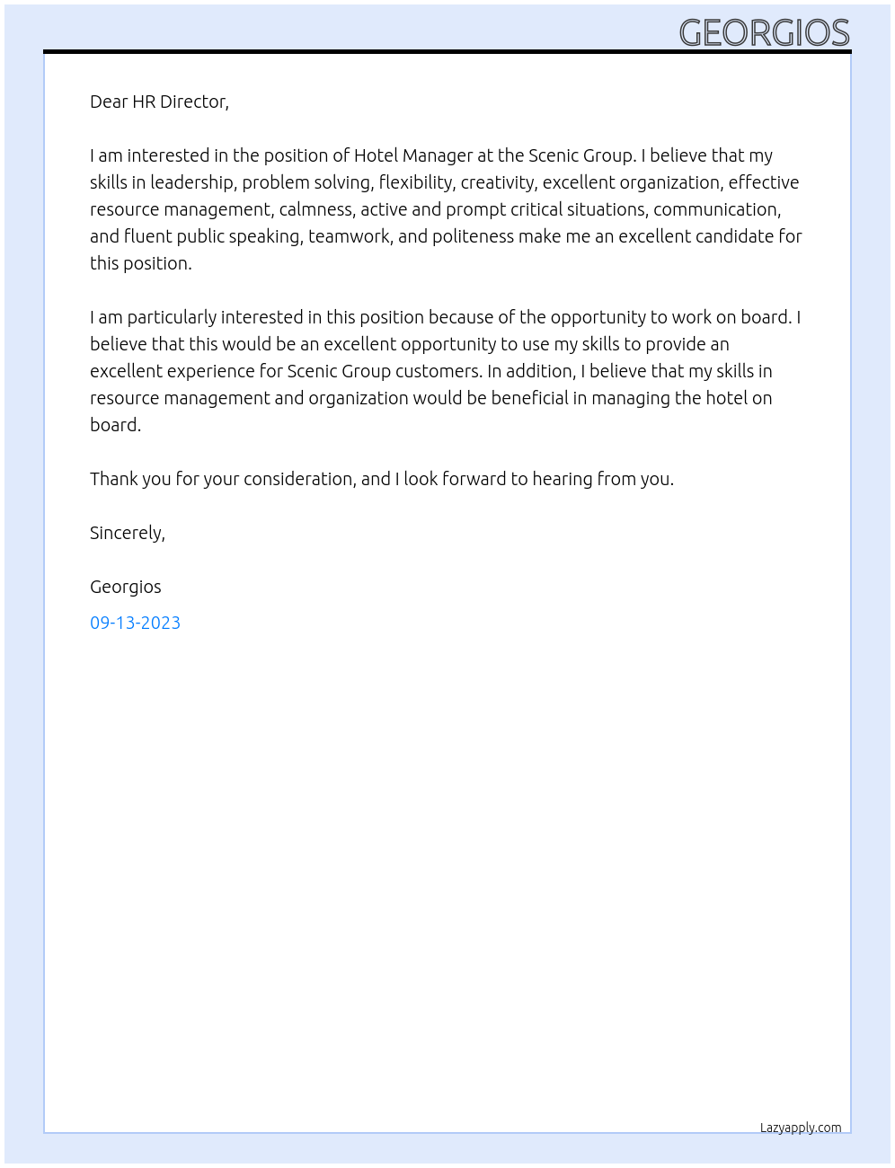 Hotel Manager At Scenic Group Cover Letter