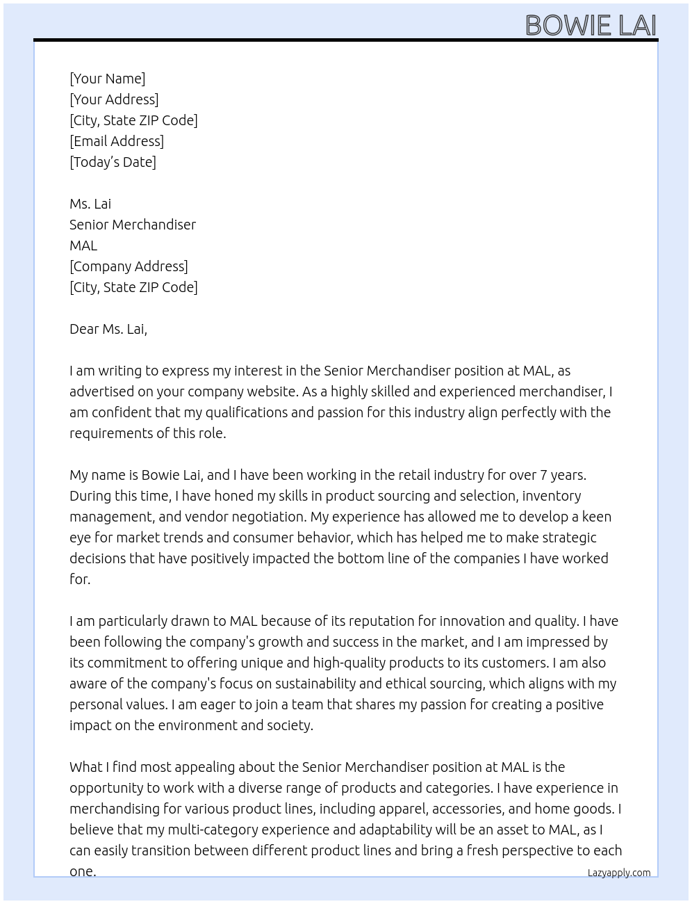 Senior Merchandiser At MAL Cover Letter