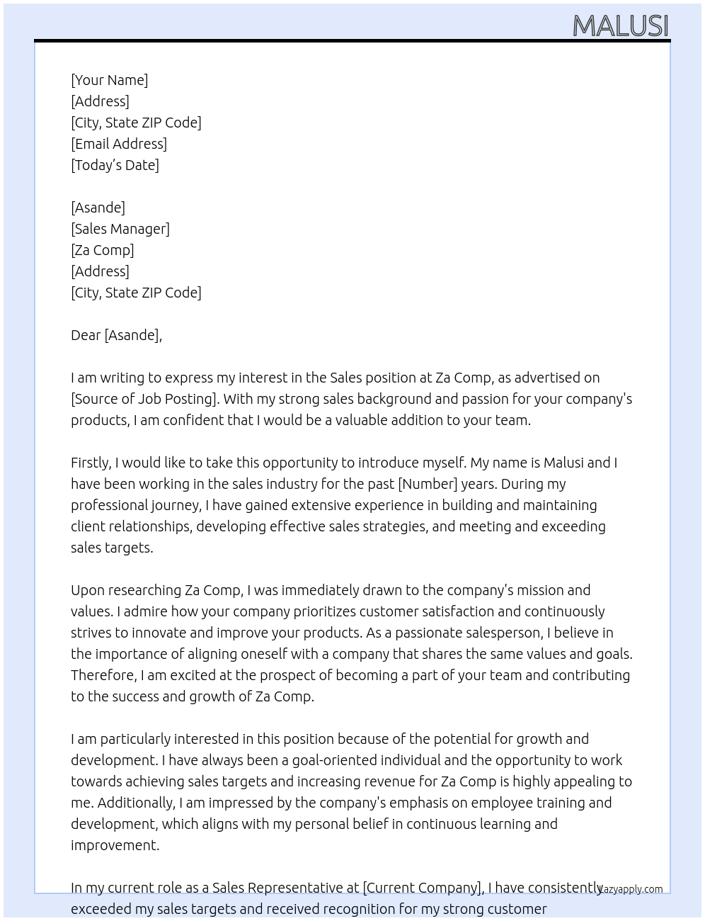 Sales At Za comp Cover Letter